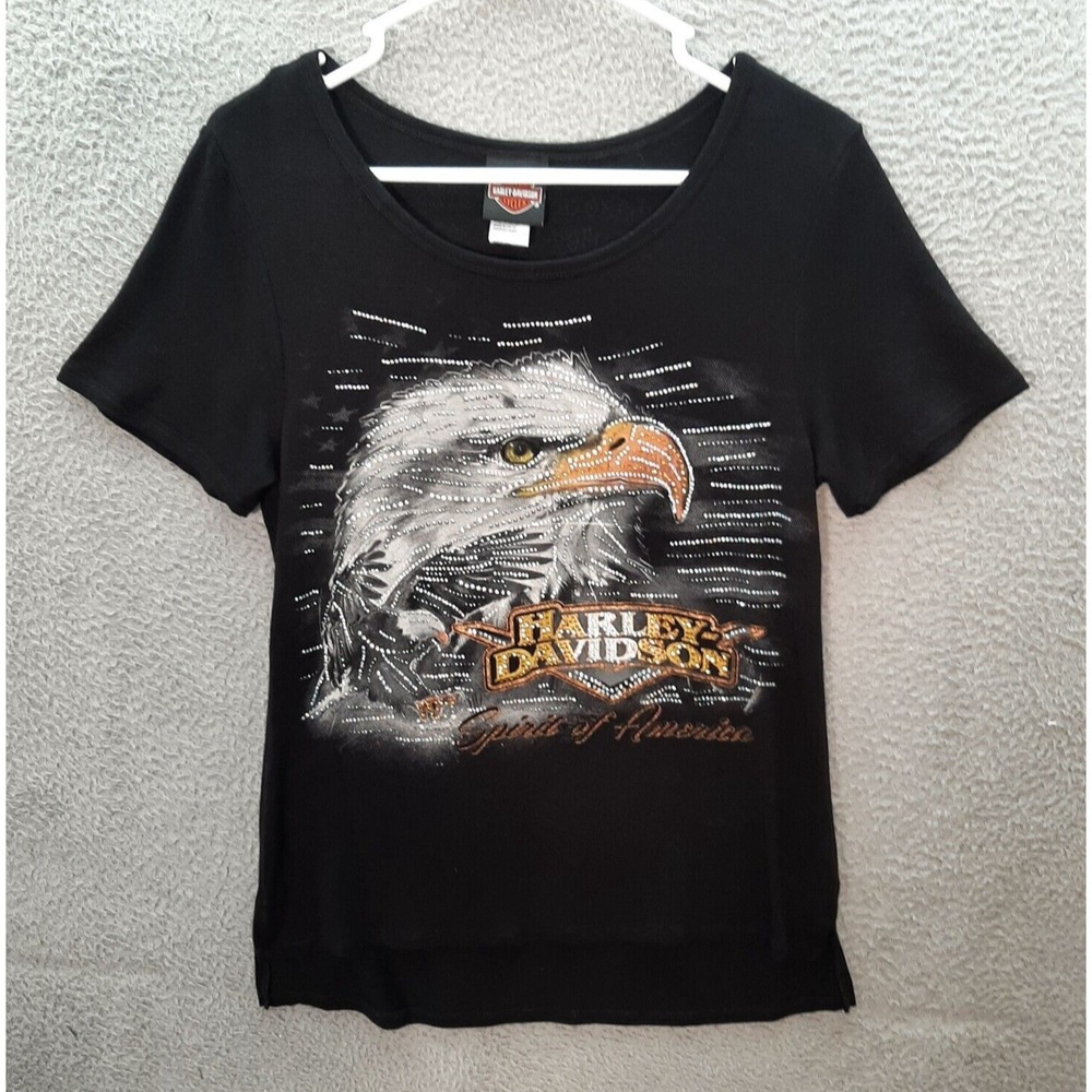 Harley Davidson Shirt Womens Medium Black Embellished Eagle Motorcycle Biker